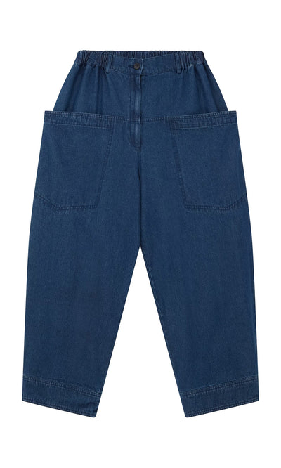 Plümo- Polder Pants - Original Denim: Blue wide-leg denim with relaxed fit, elastic waist, and large front pockets.
