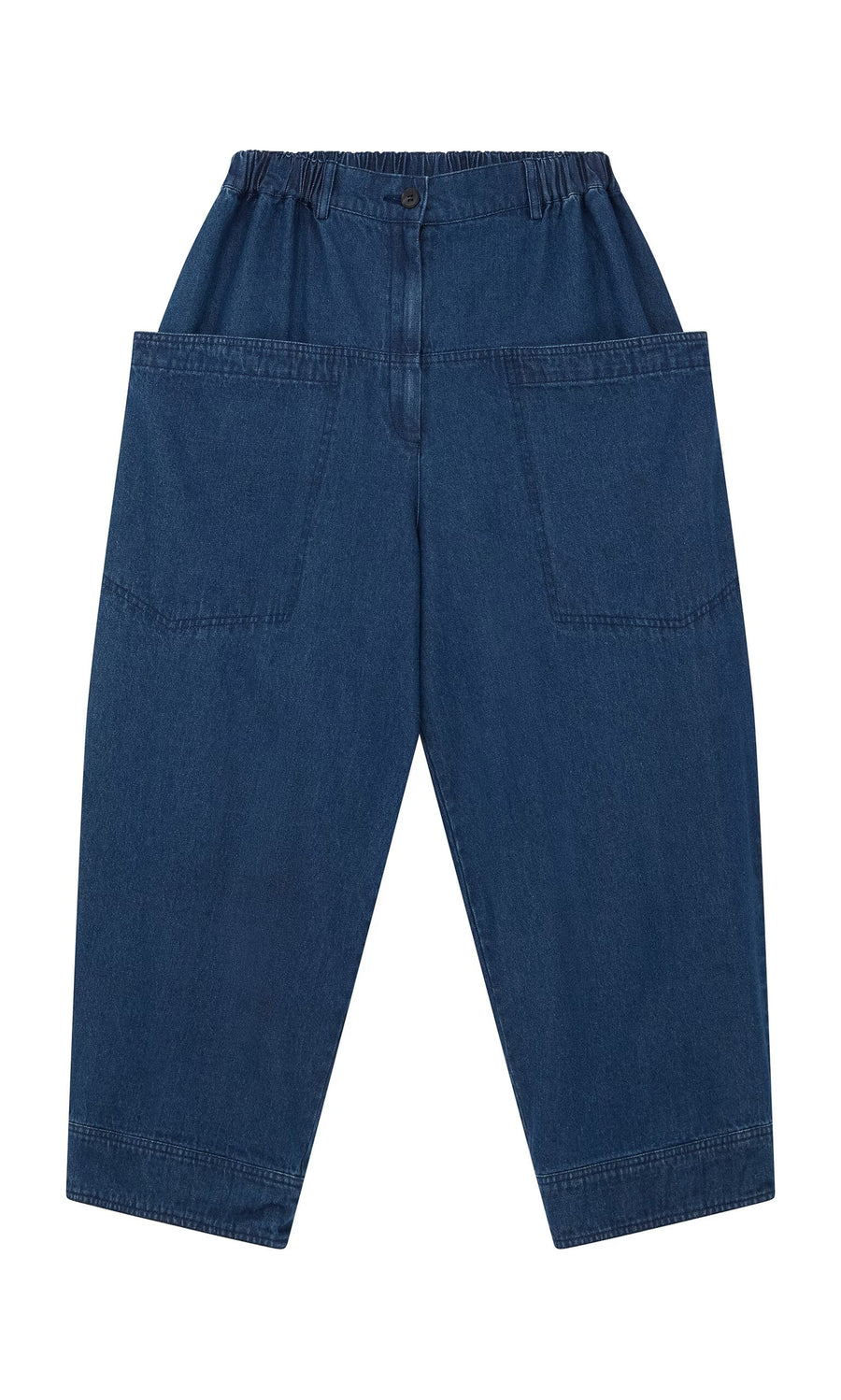 Plümo- Polder Pants - Original Denim: Blue wide-leg denim with relaxed fit, elastic waist, and large front pockets.