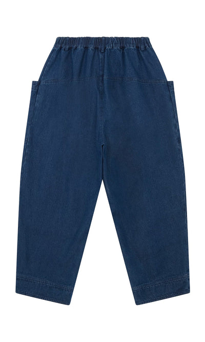Plümo- Polder Pants - Original Denim: blue-wash, elasticated waist, relaxed fit, shown flat on a white background.