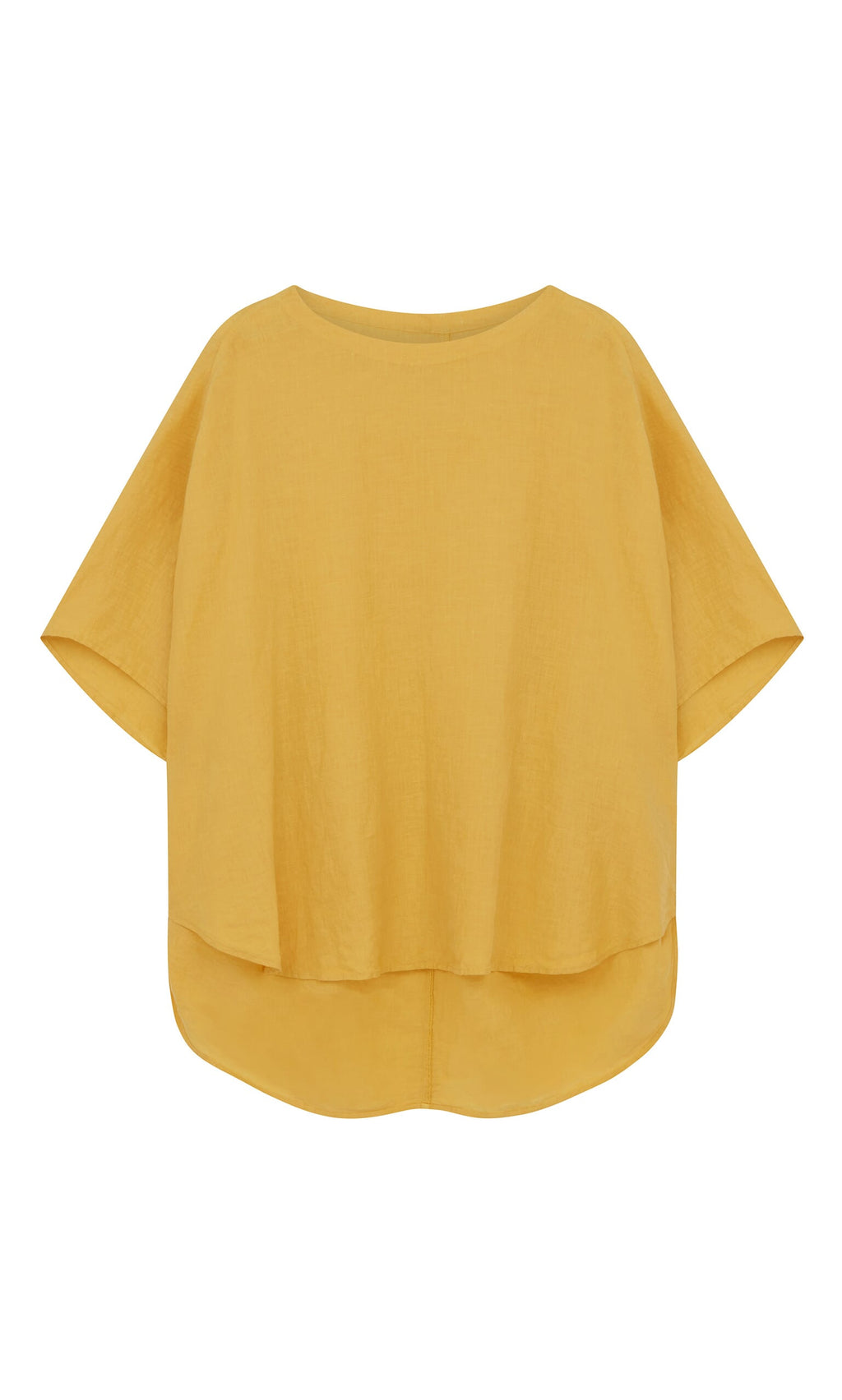 Plümo- Otilia Blouse - Sunny: loose-fit yellow summer top with short sleeves, round neck, and high-low hem on white background.