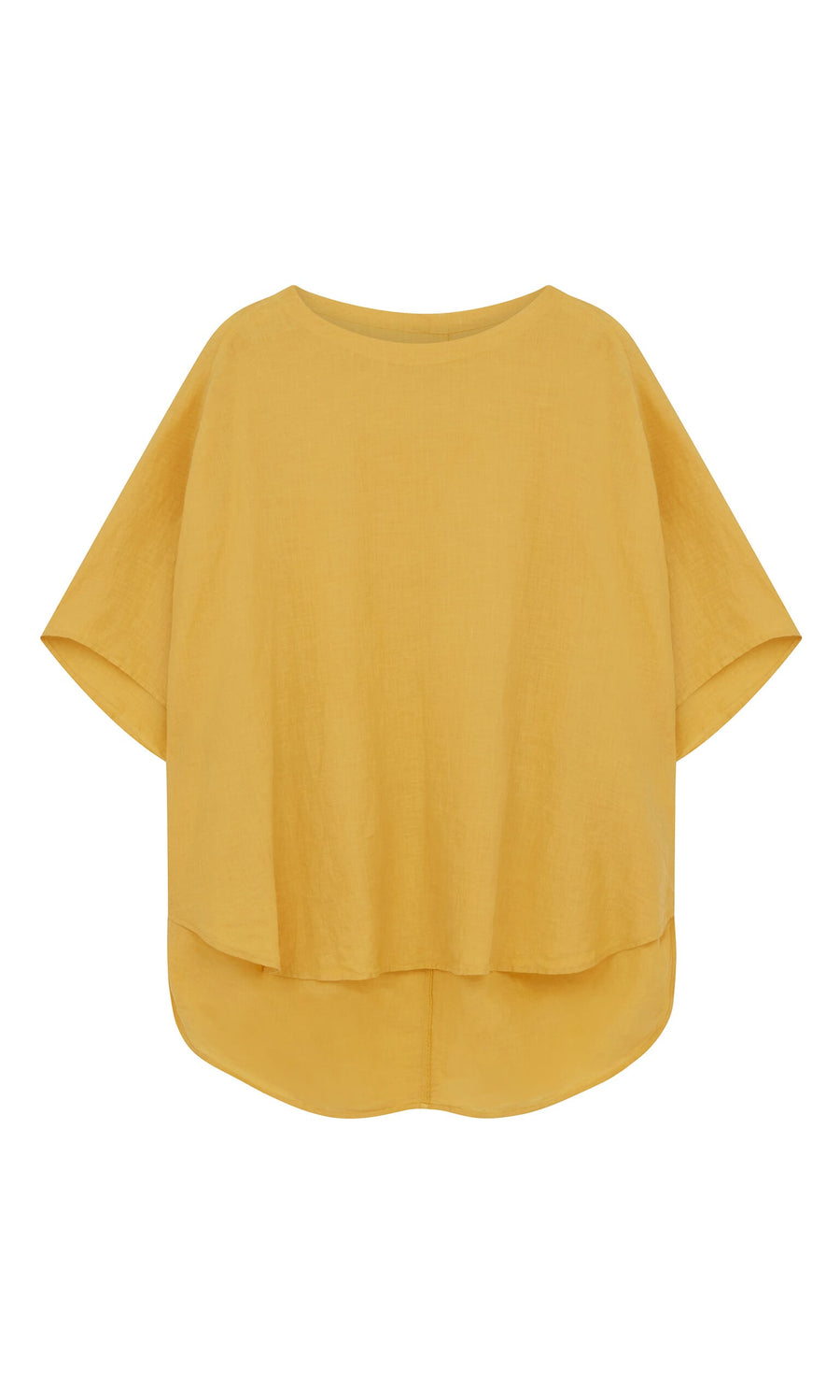 Plümo- Otilia Blouse - Sunny: loose-fit yellow summer top with short sleeves, round neck, and high-low hem on white background.
