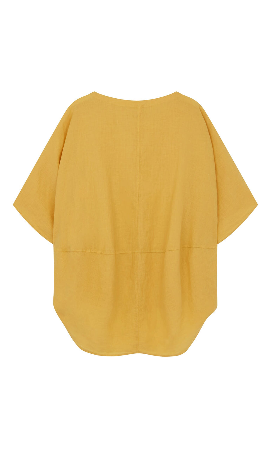 Plümo- Loose-fitting, short-sleeved Otilia Blouse - Sunny in yellow linen with a round neckline, shown from the back.