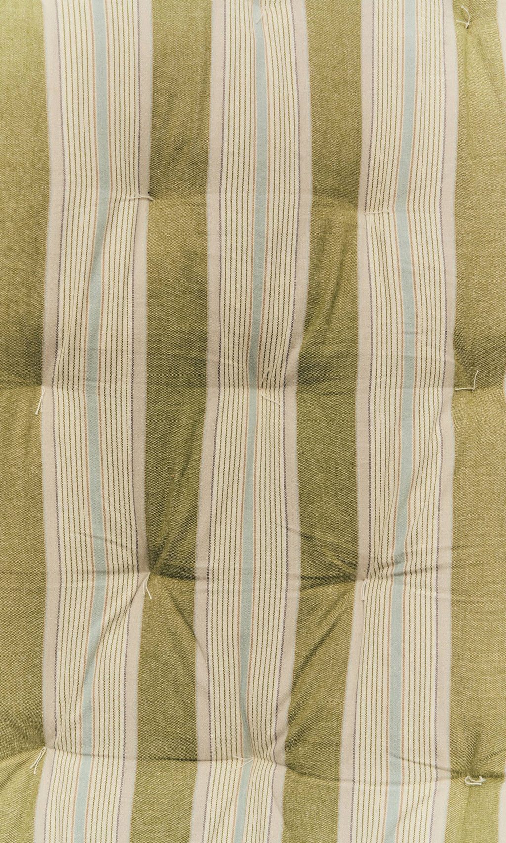 Plümo- Quilted Mattress - Green Stripe with vertical beige and blue stripes, tufted buttons, soft fabric, and foldable design.