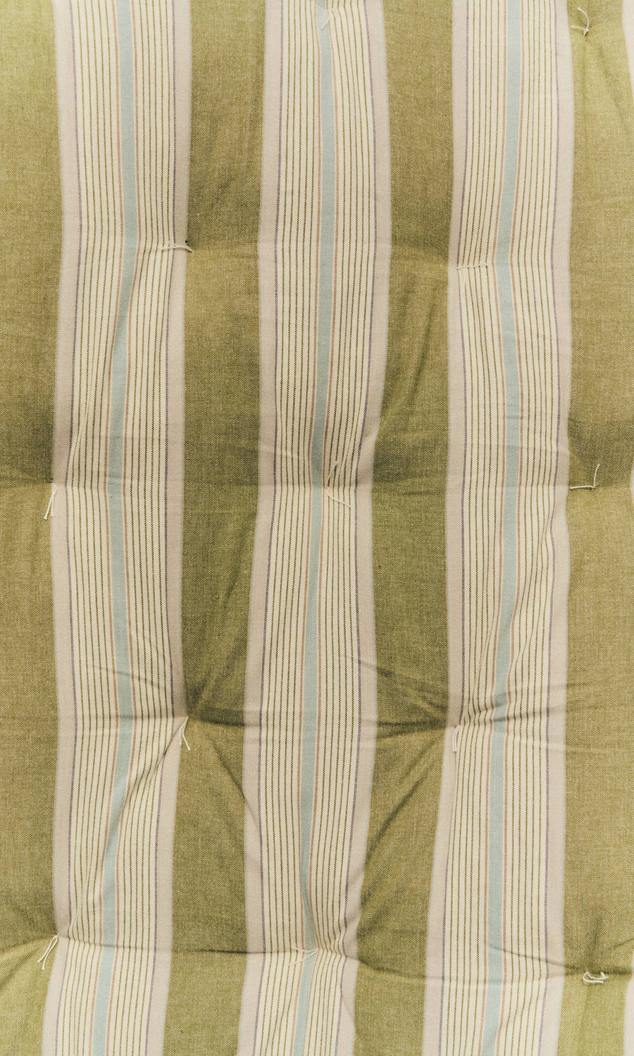 Plümo- Quilted Mattress - Green Stripe with vertical beige and blue stripes, tufted buttons, soft fabric, and foldable design.