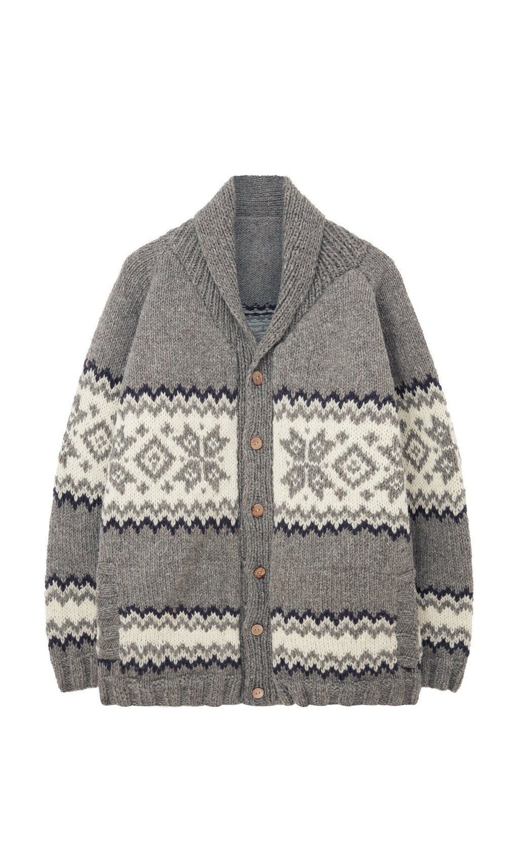 Plümo- Shingle Cardigan: Gray oversized wool, white/black geometric pattern, brown buttons, handknitted in Nepal.