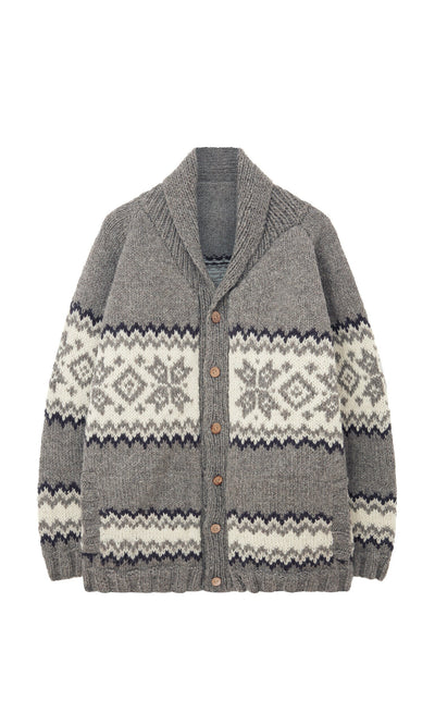 Plümo- Shingle Cardigan: Gray oversized wool, white/black geometric pattern, brown buttons, handknitted in Nepal.