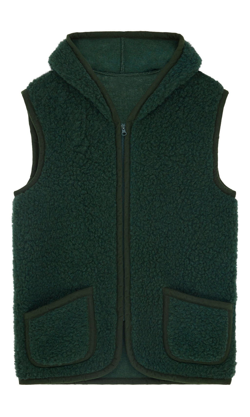 Plümo- Wool Gilet - Moss Green: sleeveless fleece vest with hood, front zipper, and two pockets shown laid flat.