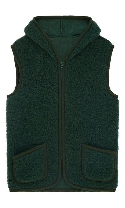 Plümo- Wool Gilet - Moss Green: sleeveless fleece vest with hood, front zipper, and two pockets shown laid flat.