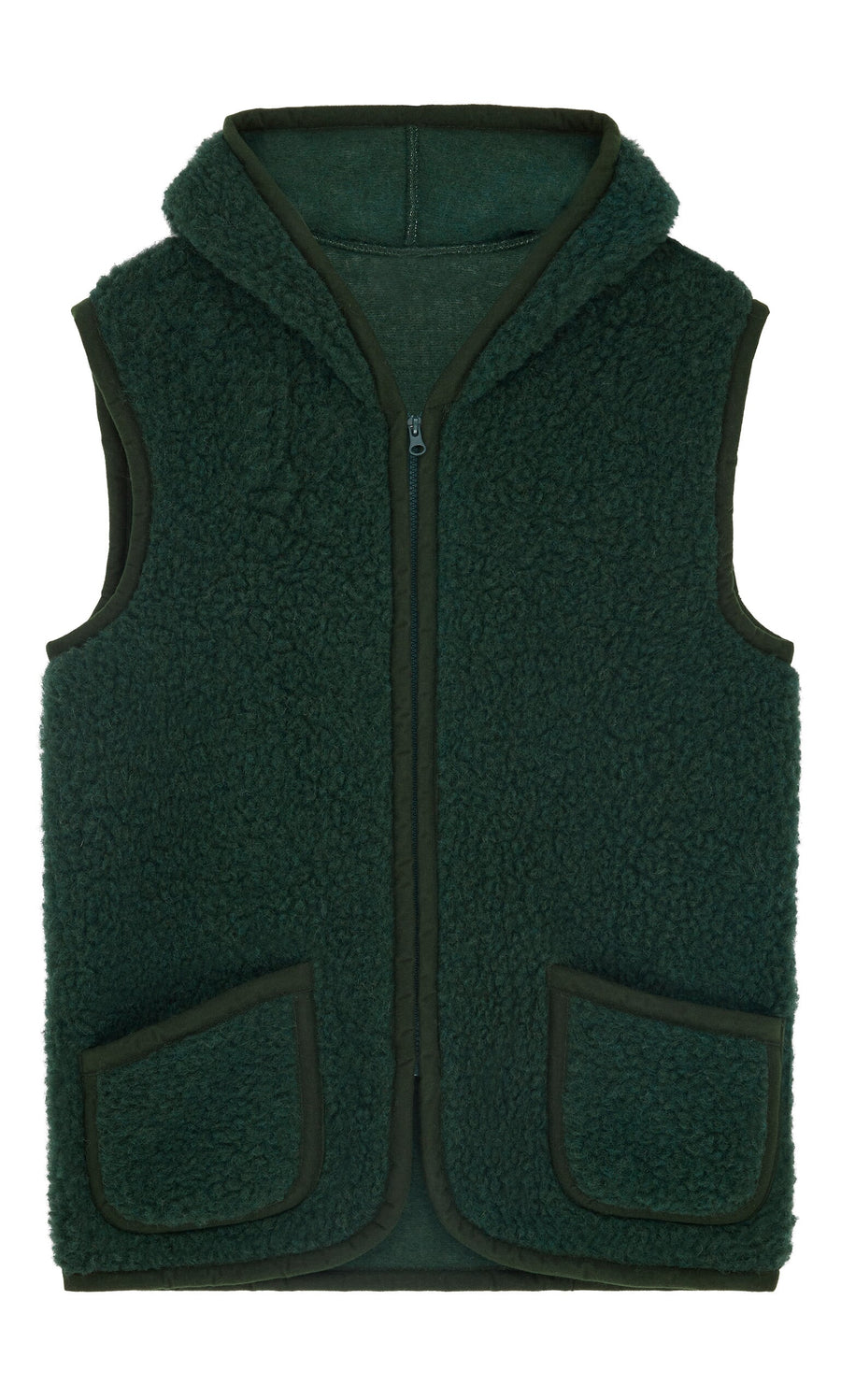 Plümo- Wool Gilet - Moss Green: sleeveless fleece vest with hood, front zipper, and two pockets shown laid flat.