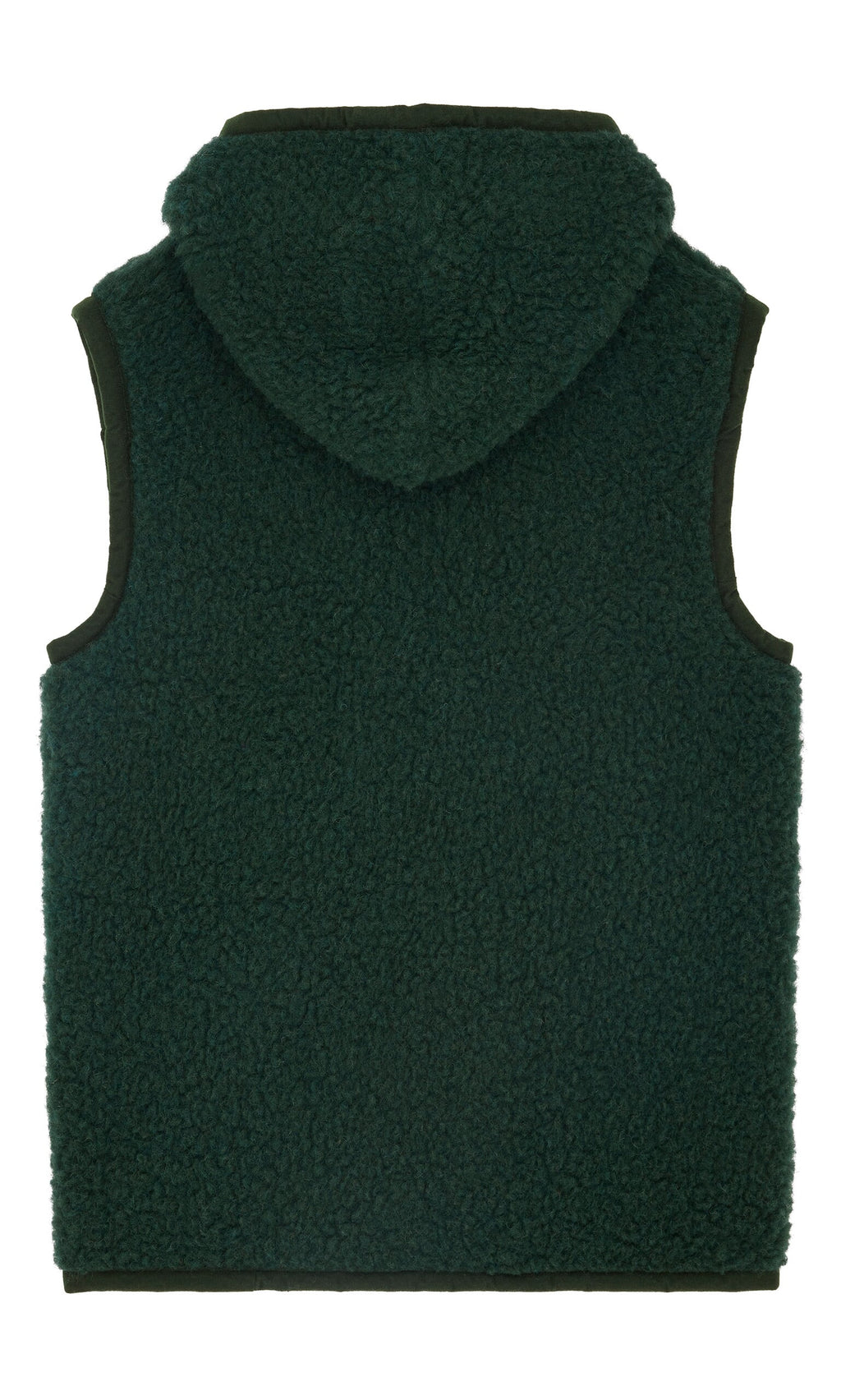 Plümo- Moss green sleeveless Wool Gilet with hood, shown from the back on a white background.