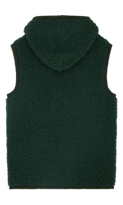 Plümo- Moss green sleeveless Wool Gilet with hood, shown from the back on a white background.