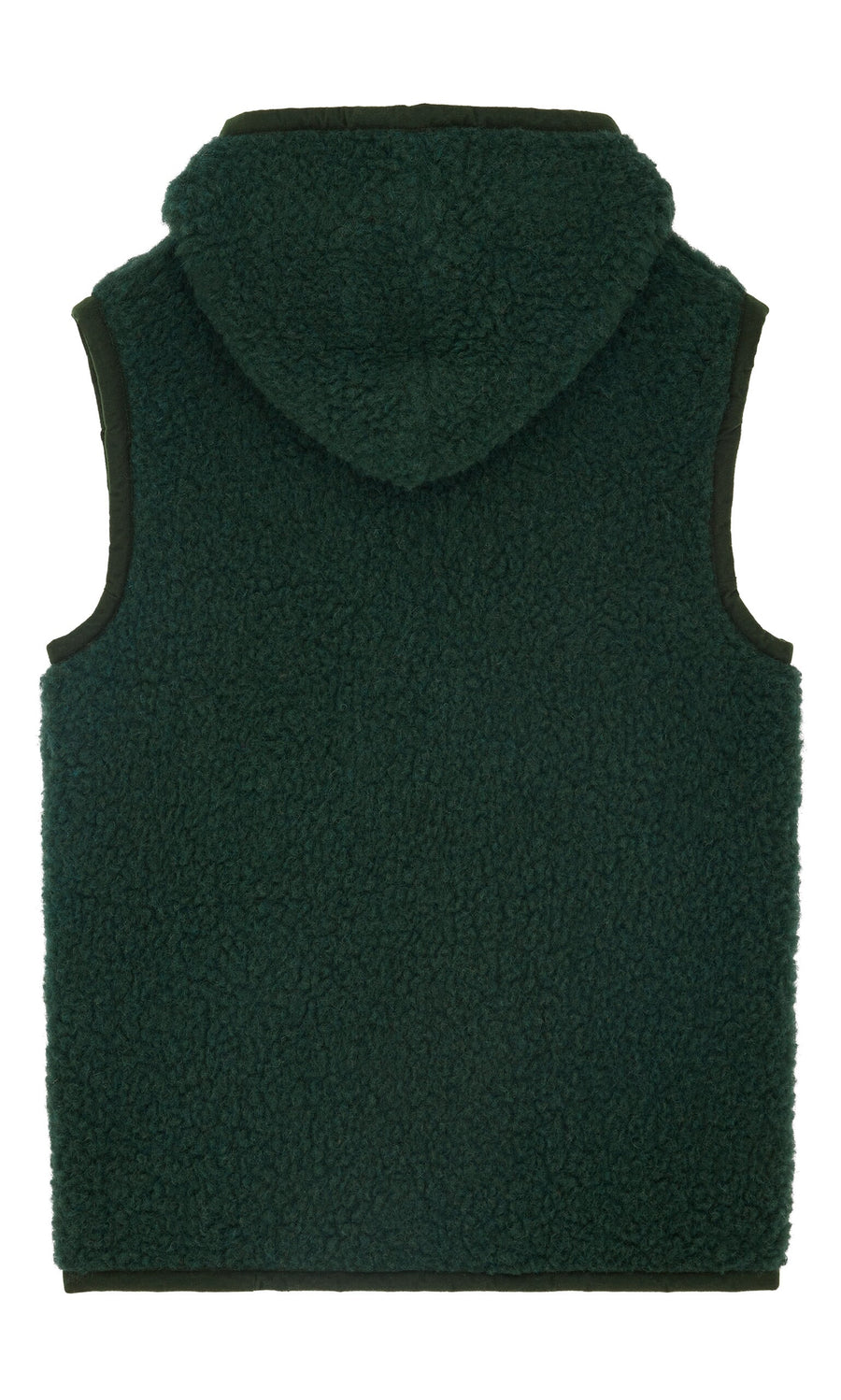 Plümo- Moss green sleeveless Wool Gilet with hood, shown from the back on a white background.