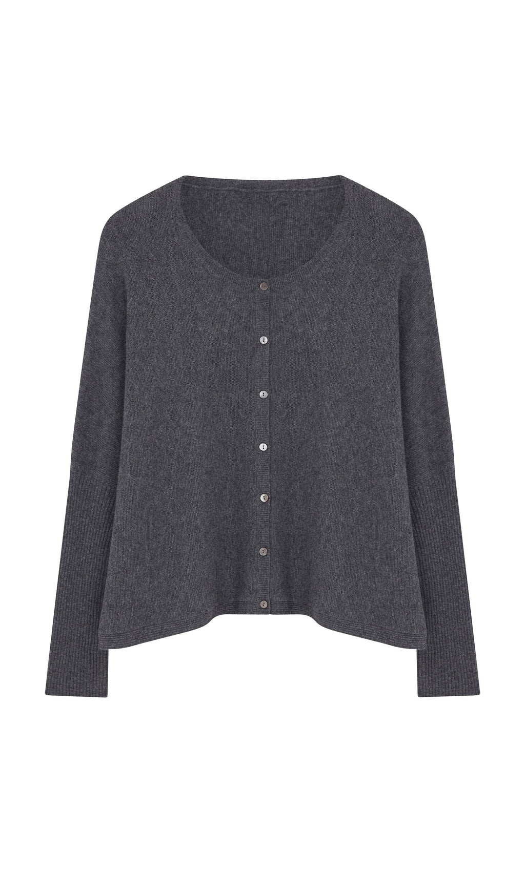 Plümo- Alma Cardigan - Grey: dark gray wool-cashmere, boxy fit, rib-knit long sleeves, shown flat on white.