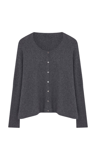 Plümo- Alma Cardigan - Grey: dark gray wool-cashmere, boxy fit, rib-knit long sleeves, shown flat on white.