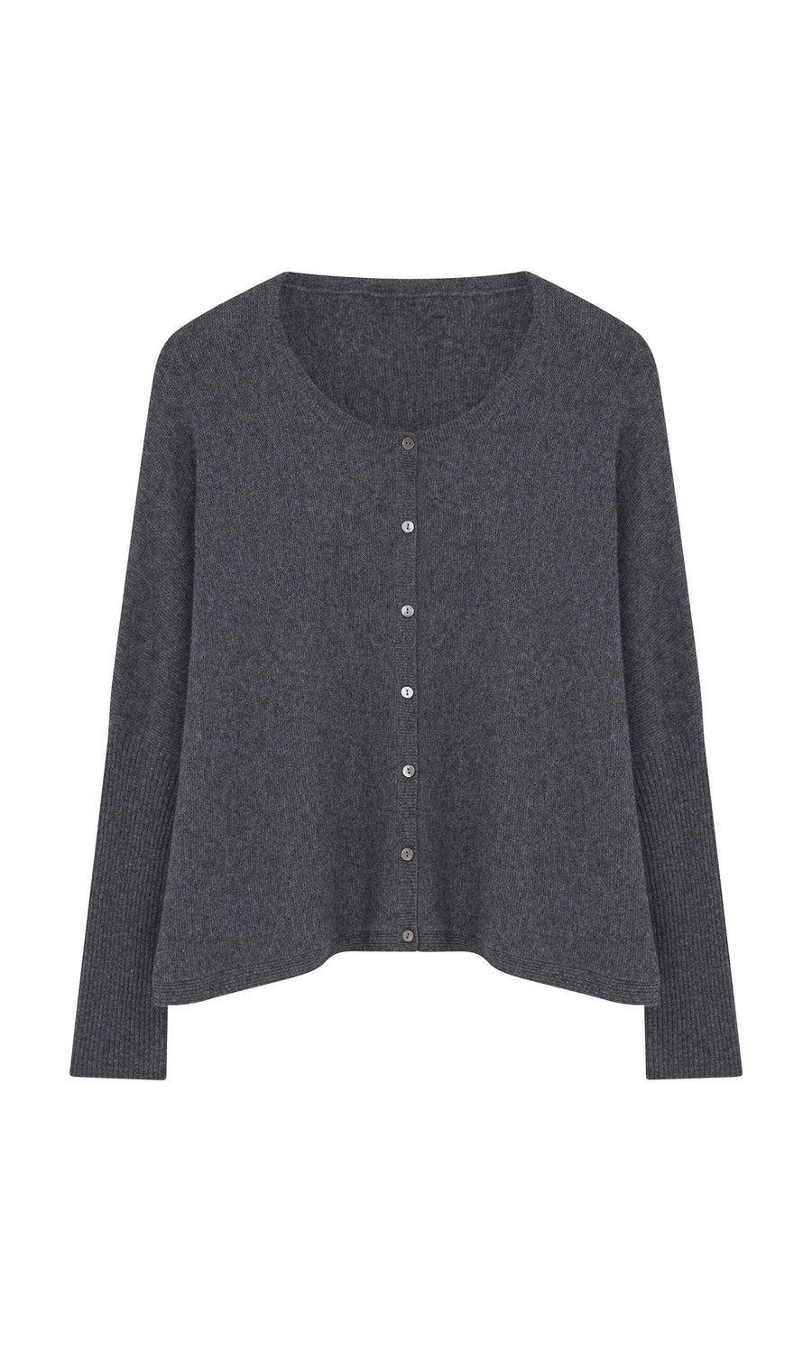 Plümo- Alma Cardigan - Grey: dark gray wool-cashmere, boxy fit, rib-knit long sleeves, shown flat on white.