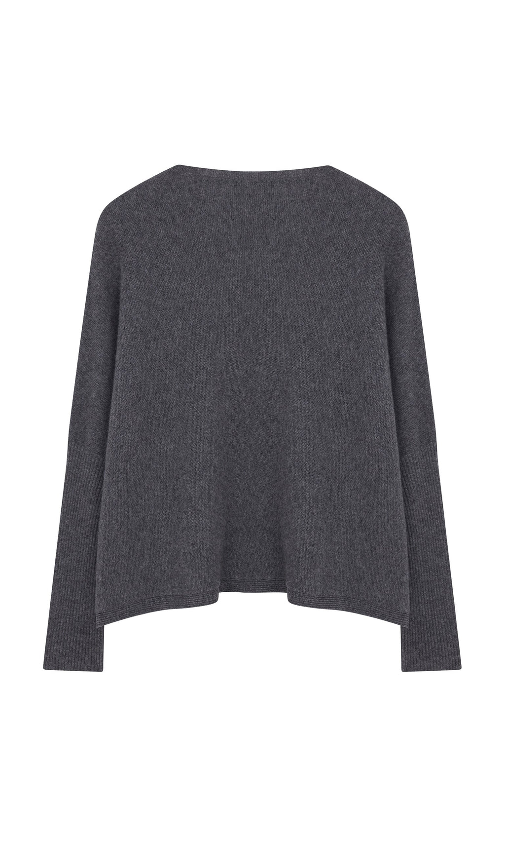 Plümo- The Alma Cardigan - Grey is a loose-fit, long-sleeve, dark gray cardigan with ribbed cuffs shown on a white background.