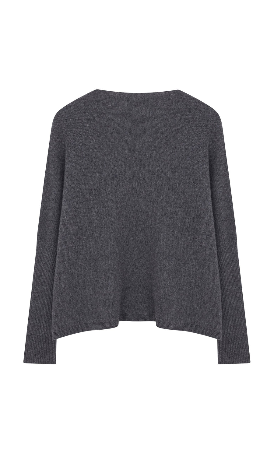 Plümo- The Alma Cardigan - Grey is a loose-fit, long-sleeve, dark gray cardigan with ribbed cuffs shown on a white background.