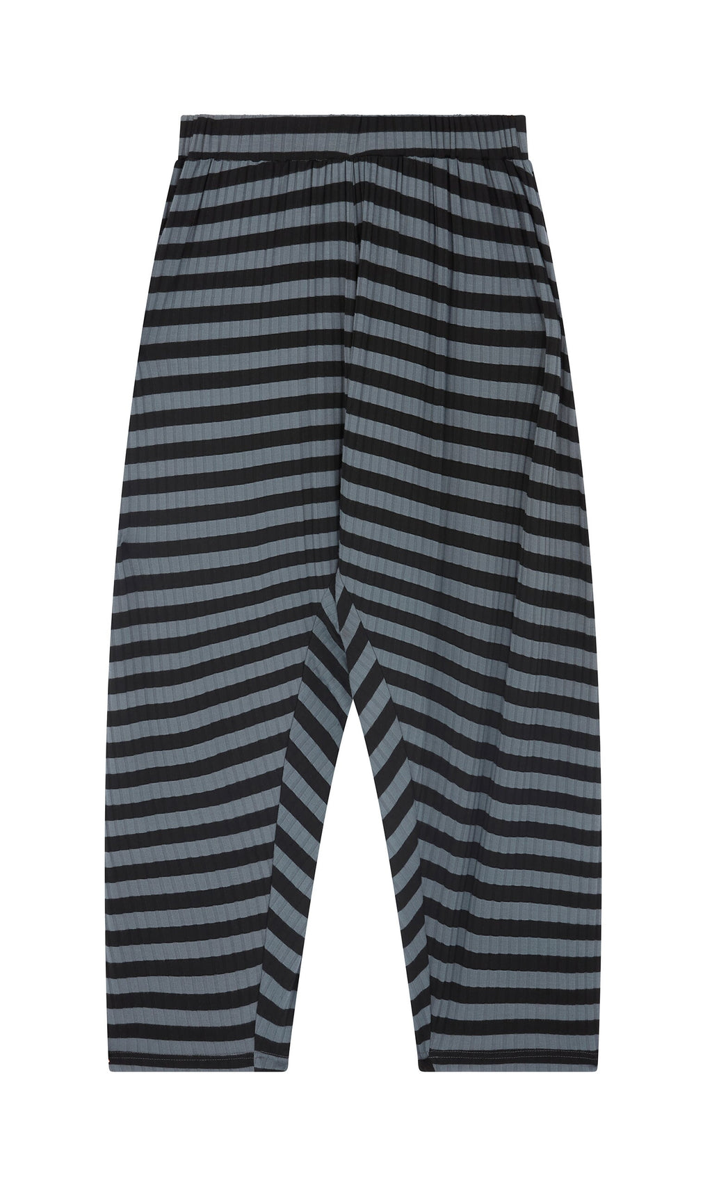 Plümo- Oyster Catcher Pants - Grey Stripe: loose-fit ribbed jersey with black/gray stripes, stretchy waist, dropped crotch.