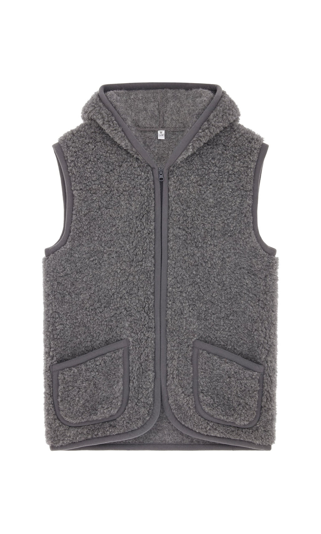 Plümo Wool Gilet - Graphite: grey sleeveless hooded vest with front zipper and two pockets, laid flat on white background.