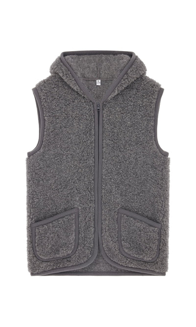Plümo Wool Gilet - Graphite: grey sleeveless hooded vest with front zipper and two pockets, laid flat on white background.