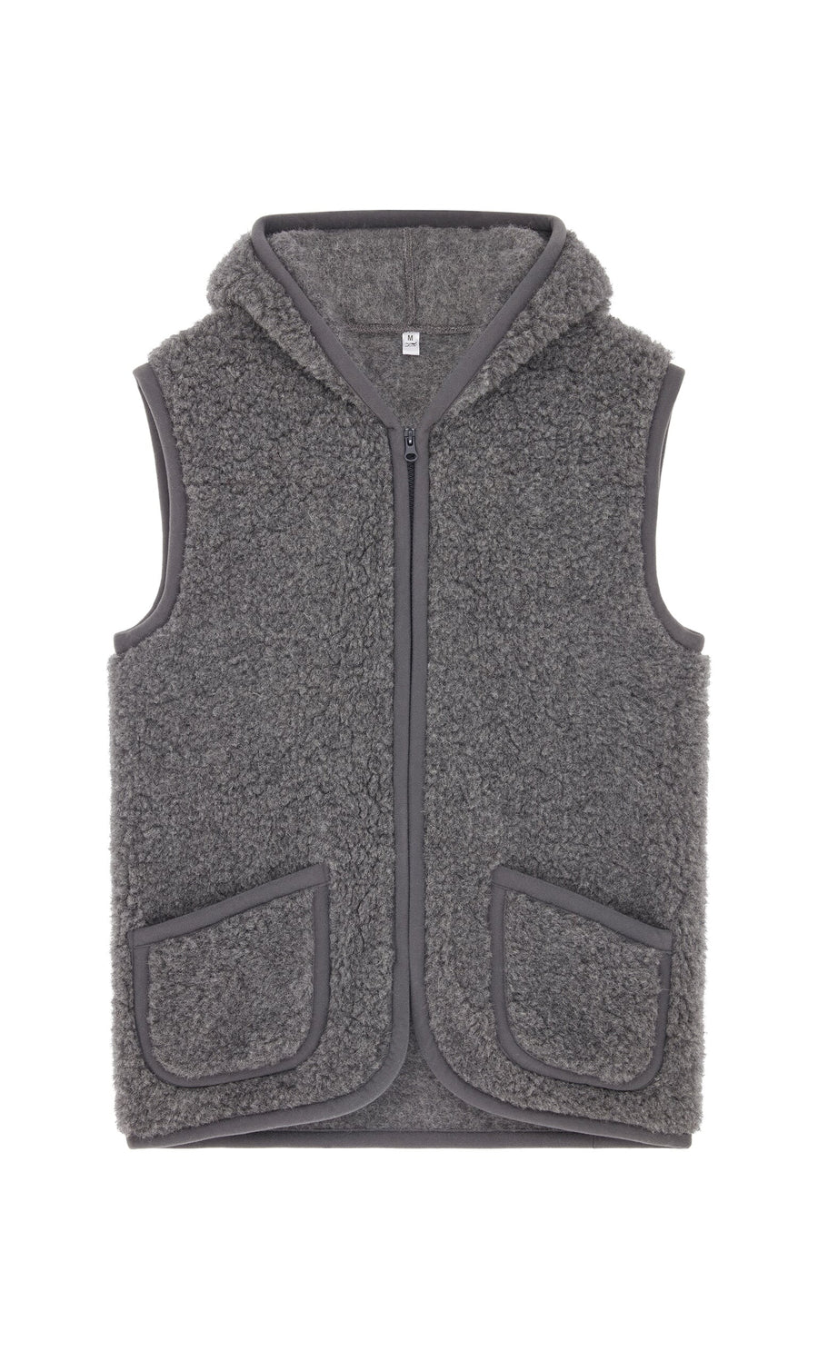 Plümo Wool Gilet - Graphite: grey sleeveless hooded vest with front zipper and two pockets, laid flat on white background.