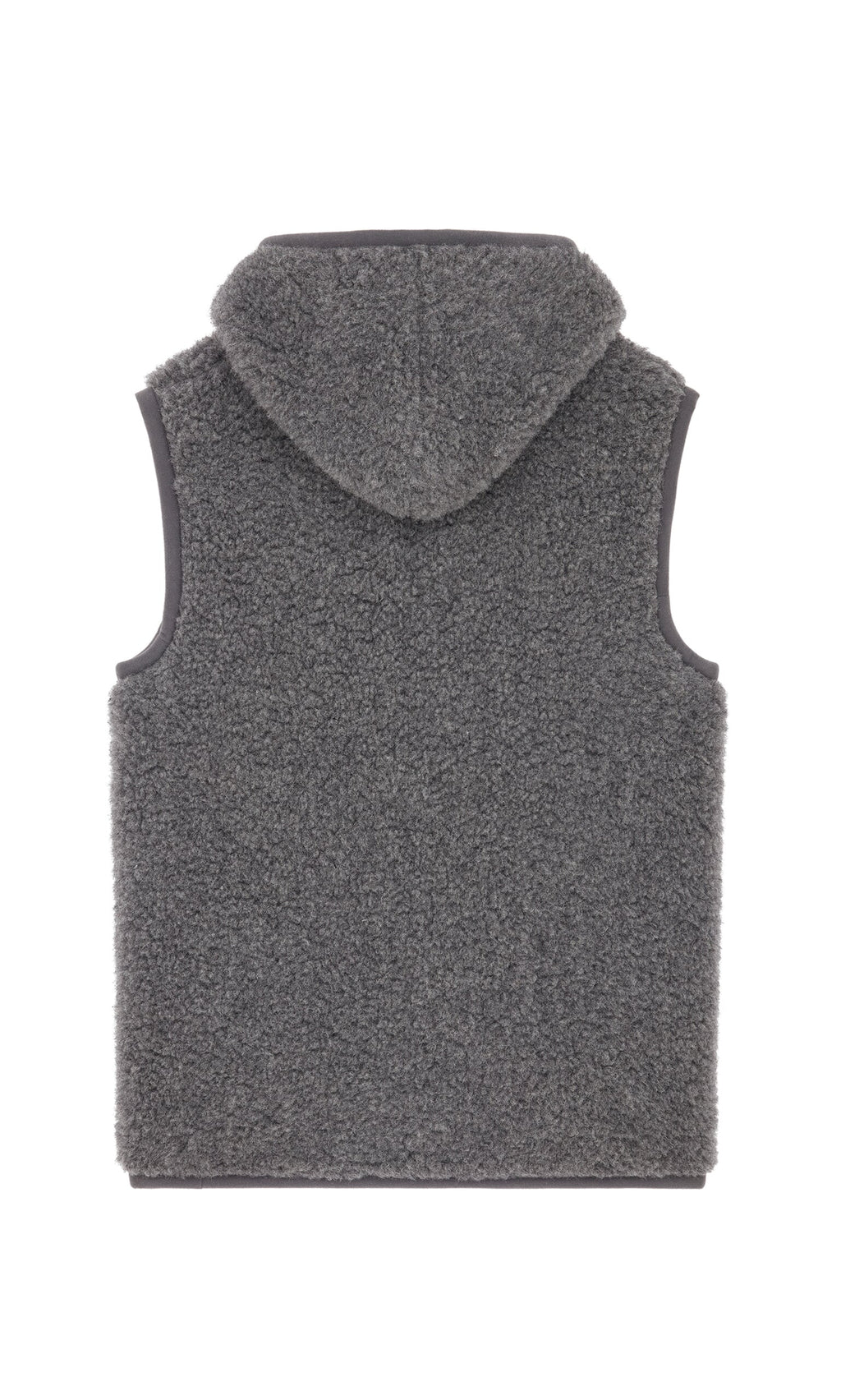 Plümo- Graphite Wool Gilet shown from the back, featuring a snug fit, plush textured fabric, and a sleeveless design.