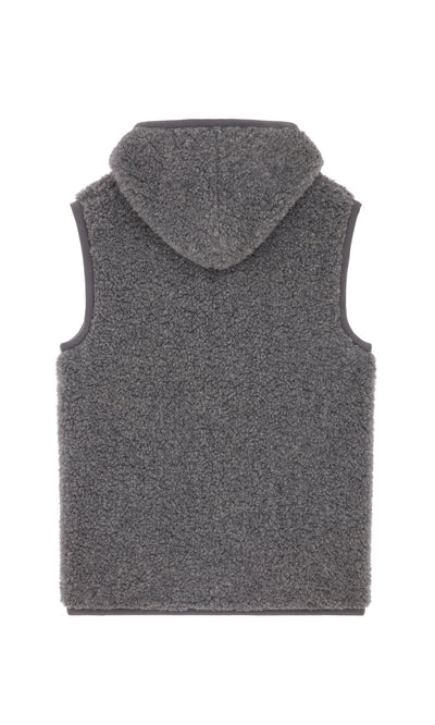 Plümo- Graphite Wool Gilet shown from the back, featuring a snug fit, plush textured fabric, and a sleeveless design.