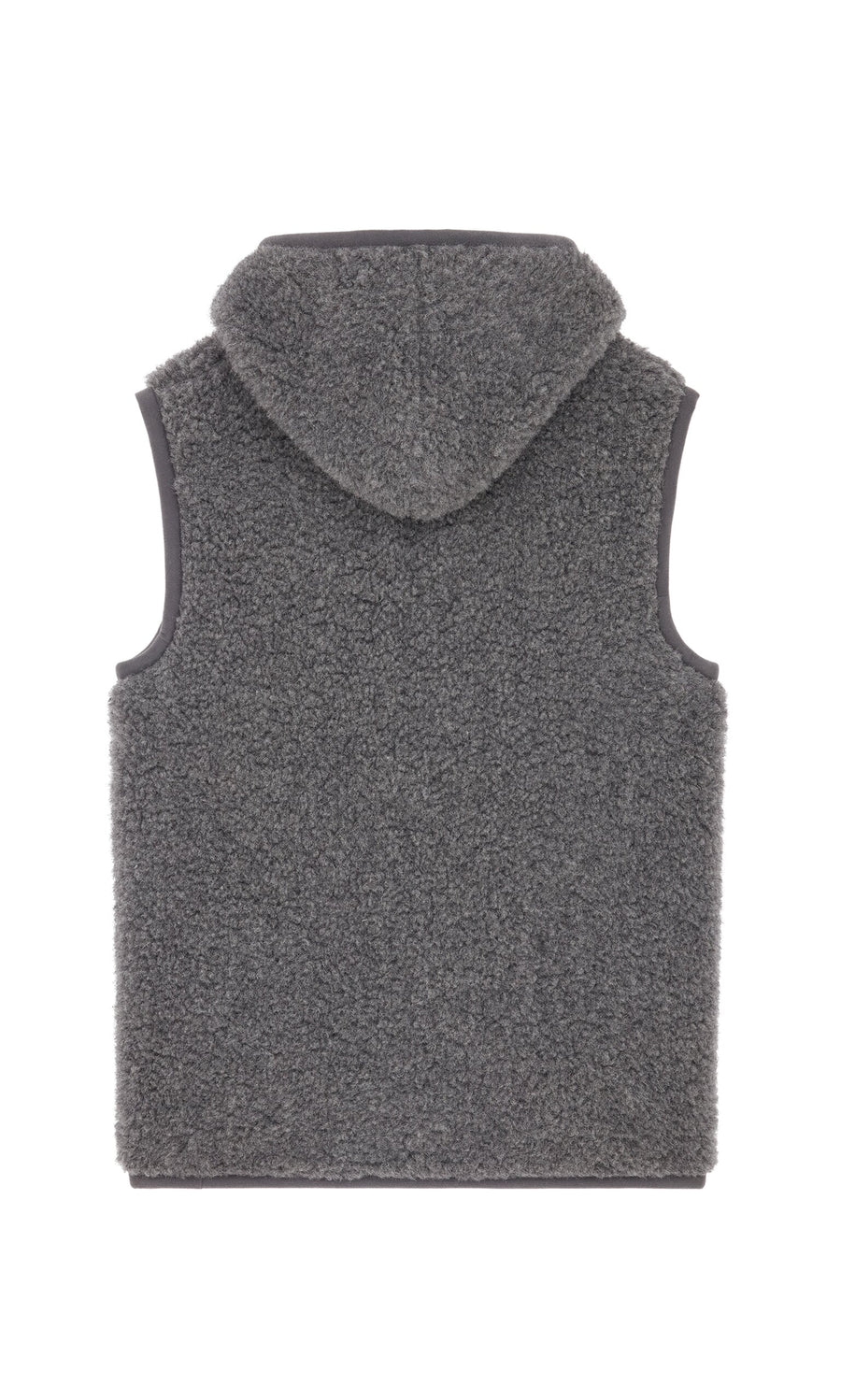 Plümo- Graphite Wool Gilet shown from the back, featuring a snug fit, plush textured fabric, and a sleeveless design.