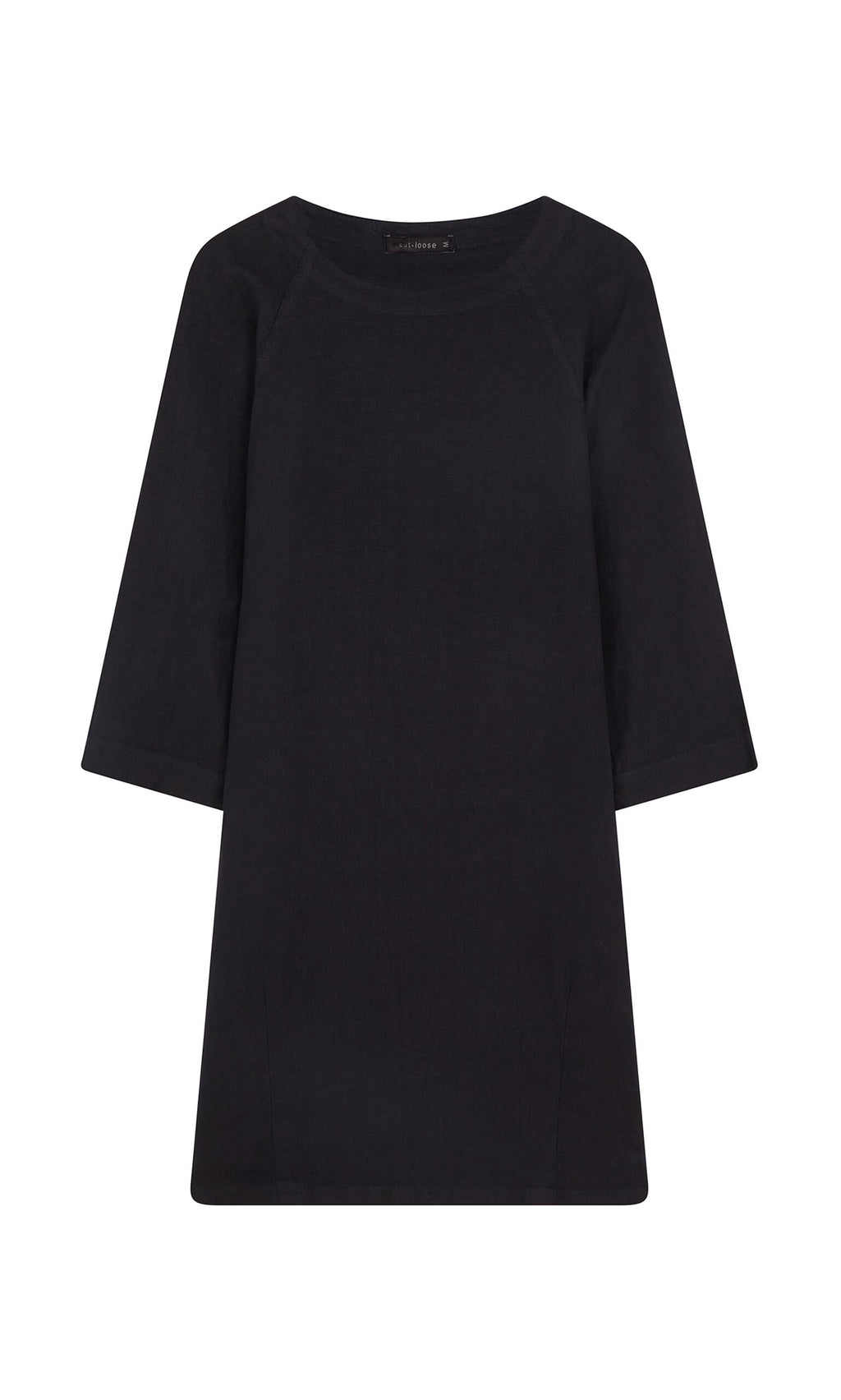 Plümo- Raglan Dress: Black, knee-length with bracelet sleeves and a straight silhouette on a white background.