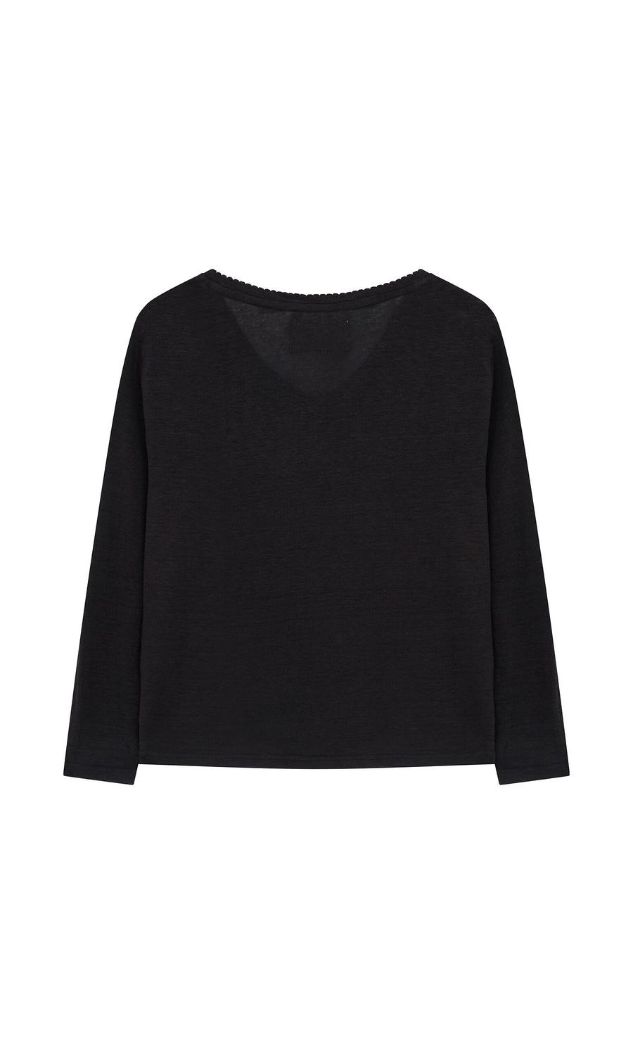 Plümo- The Rail Top is a black linen long-sleeve tee with a round neckline, shown flat on a white background.
