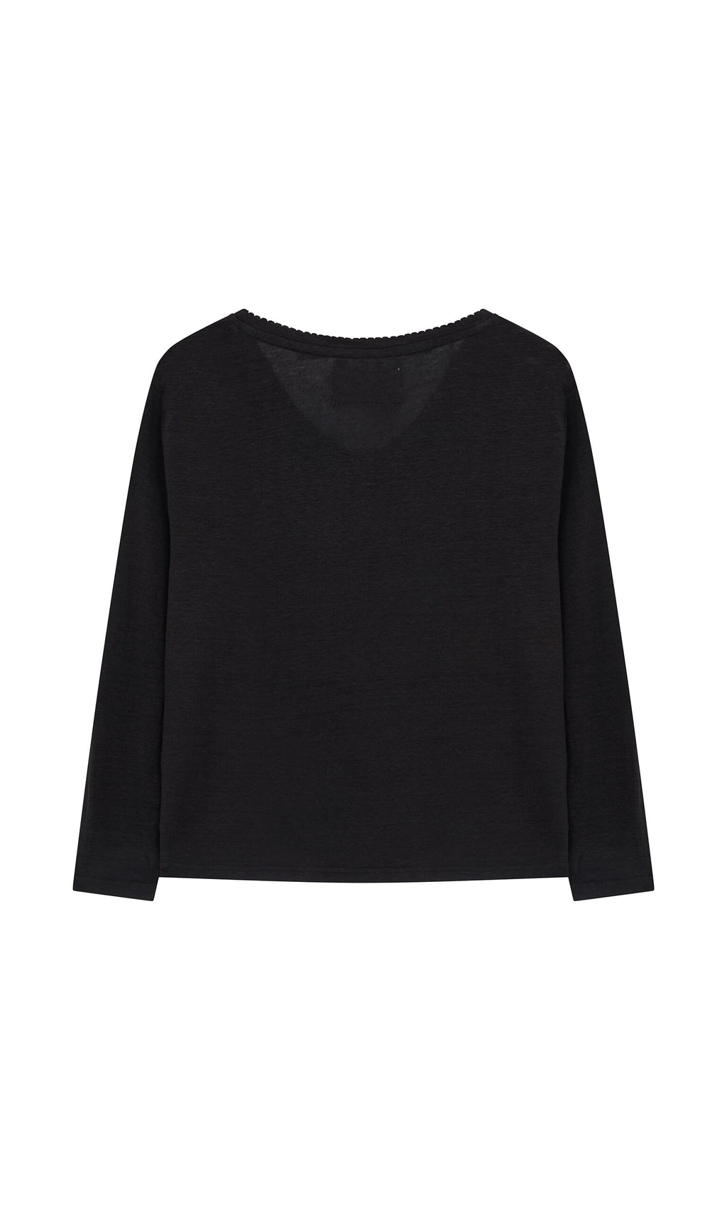 Plümo- Rail Top: Plain black long sleeve shirt with a round neckline, shown laid flat on a white background.