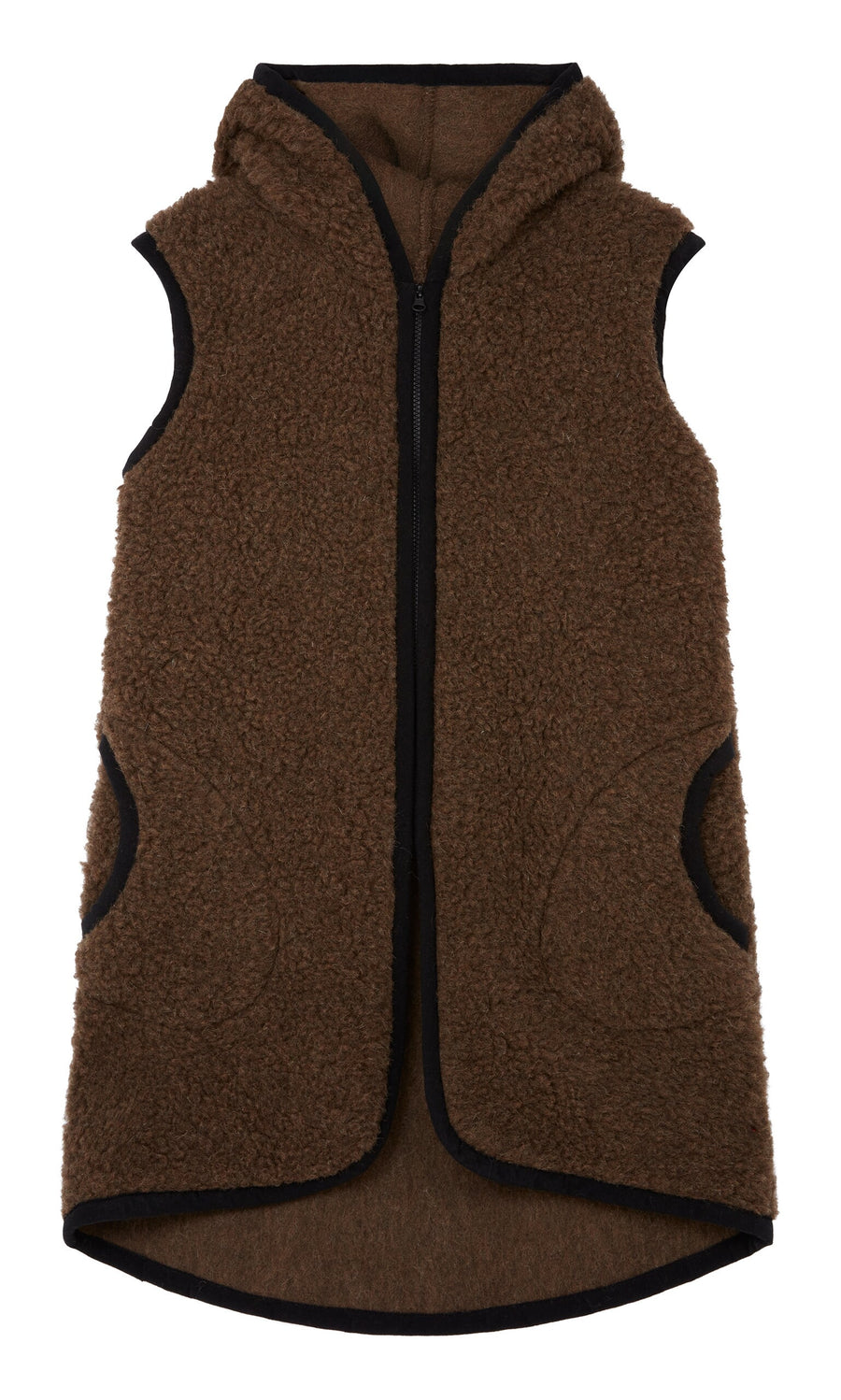 Plümo- Bigger Rambler Gilet in Peat Brown—sleeveless, lightweight fleece vest with black trim and two front pockets.