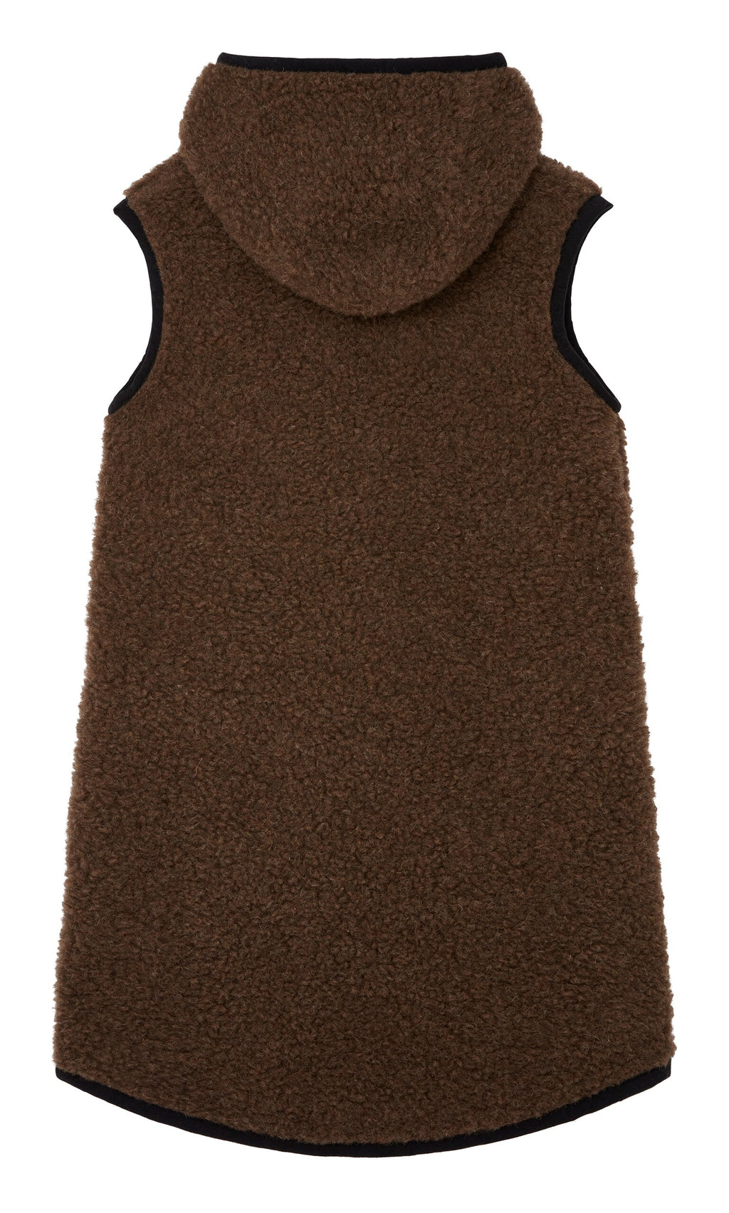 Plümo- Bigger Rambler Gilet in Peat Brown, sleeveless and hooded, fuzzy material, shown from the back on white background.