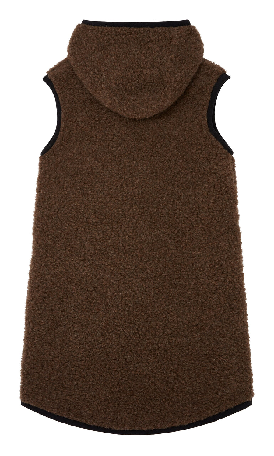 Plümo- Bigger Rambler Gilet in Peat Brown, sleeveless and hooded, fuzzy material, shown from the back on white background.