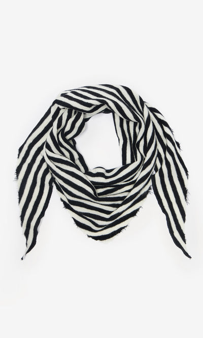 Plümo- Lynn Stripe Necktie in black and white stripes with raw edges, styled triangularly on a white background.