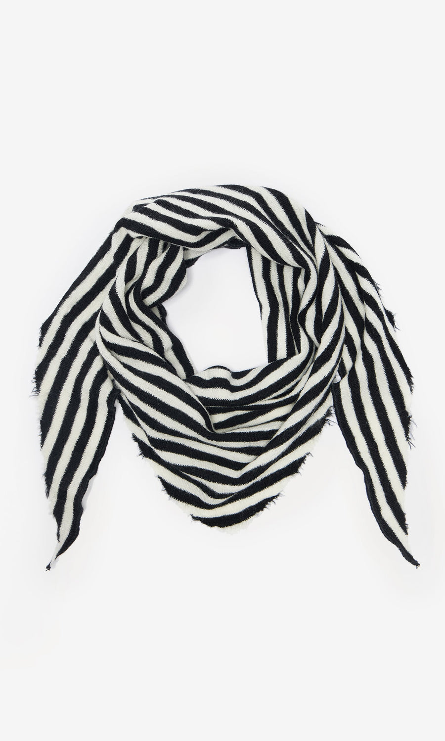 Plümo- Lynn Stripe Necktie in black and white stripes with raw edges, styled triangularly on a white background.
