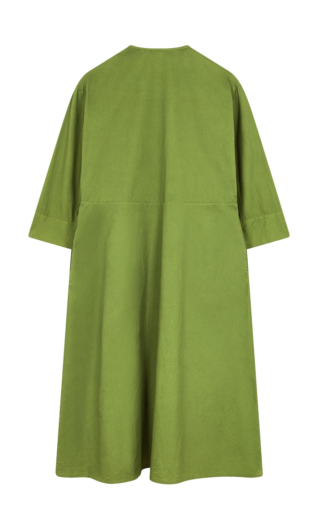 Plümo- Back view of the Rea Wrap Dress Green - Seconds, a loose, knee-length cotton dress with elbow sleeves and wide hem.