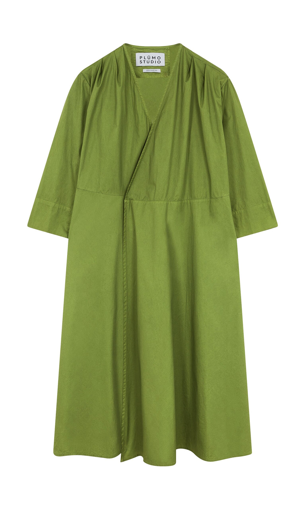 Plümo- Rea Wrap Dress Green - Seconds: olive green cotton midi with V-neck, elbow sleeves, and a loose, gathered fit.