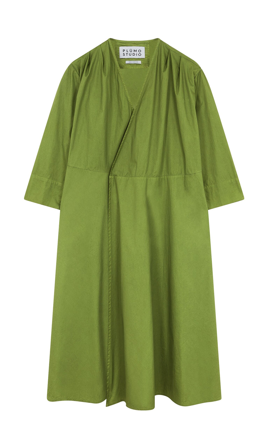 Plümo- Rea Wrap Dress Green - Seconds: olive green cotton midi with V-neck, elbow sleeves, and a loose, gathered fit.