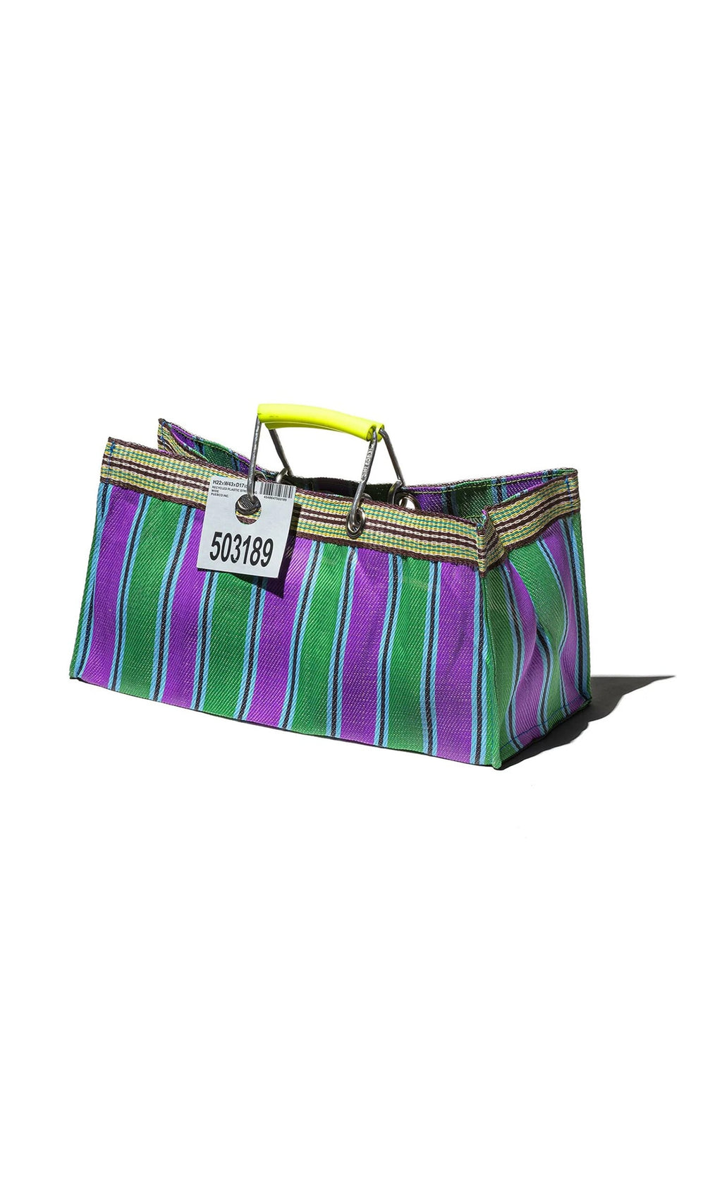 Plümo- Recycled Stripe Shopper with purple, green, and blue stripes, yellow handle, and tag 503189 on white background.