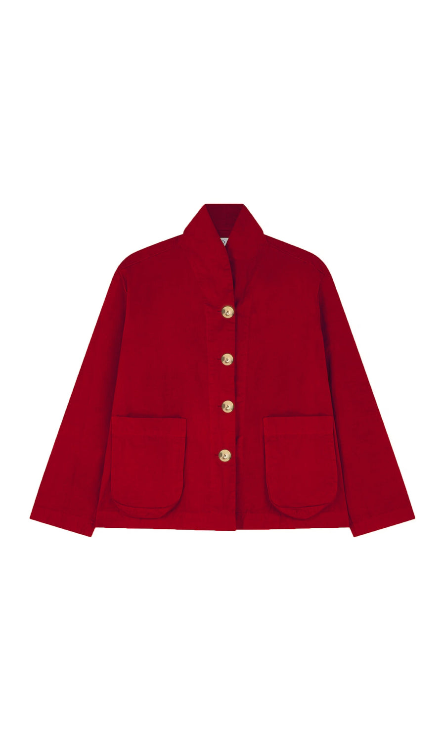 Plümo- Gardeners Jacket - Red: cotton twill, long sleeves, high collar, front buttons, two large front pockets.