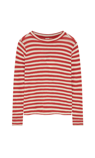 Plümo- Red Stripe Top: a long-sleeve, red and white knit shirt with a crew neck, shown on a white background.