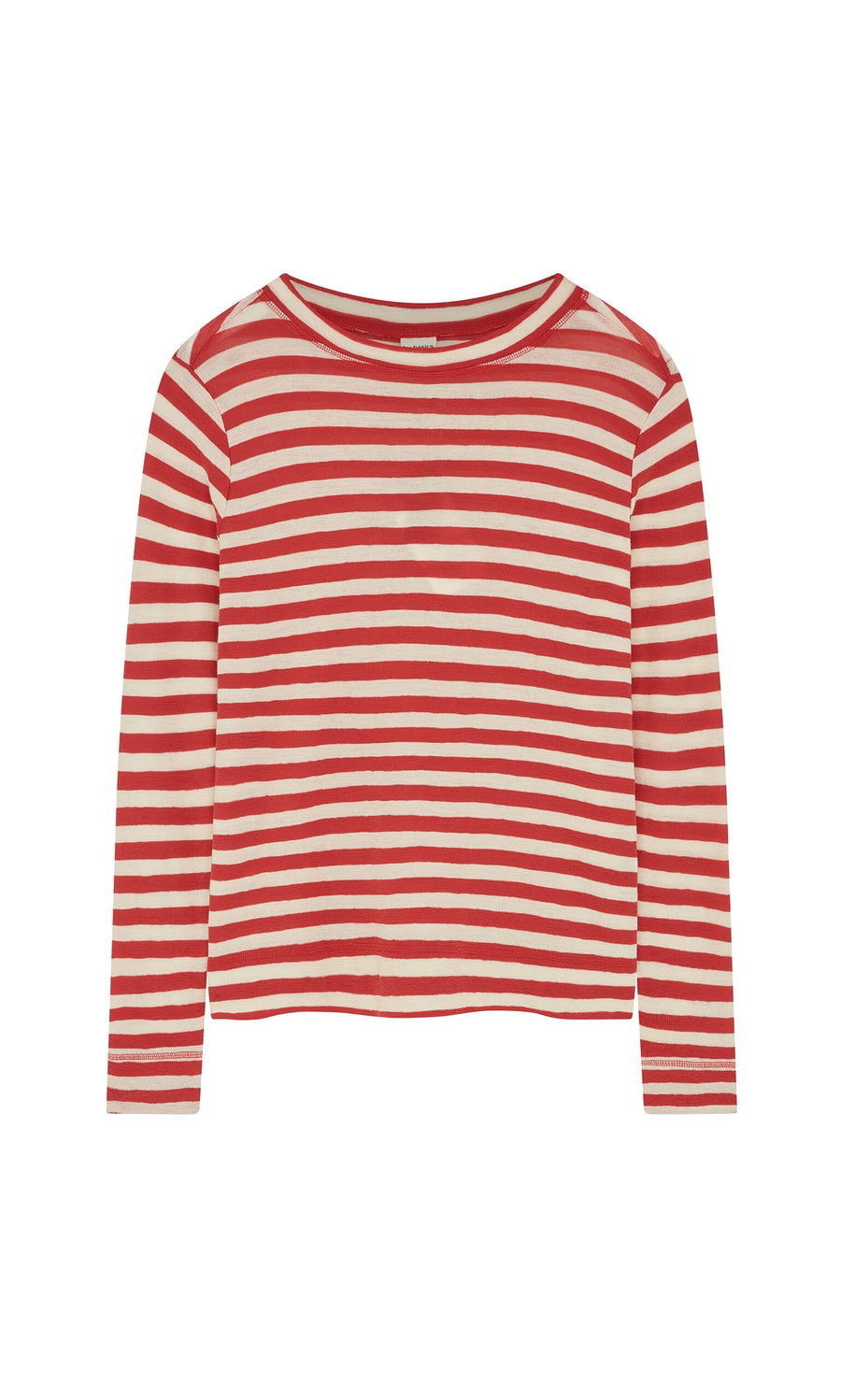 Plümo- Red Stripe Top: a long-sleeve, red and white knit shirt with a crew neck, shown on a white background.