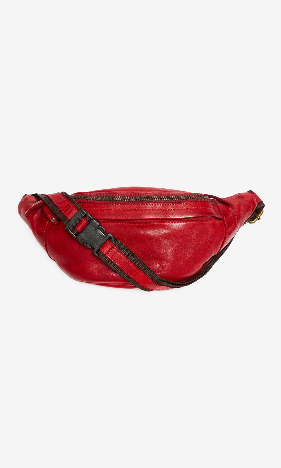 Plümo- Redwick Bag: red leather bumbag with black adjustable strap and zipper on a white background.
