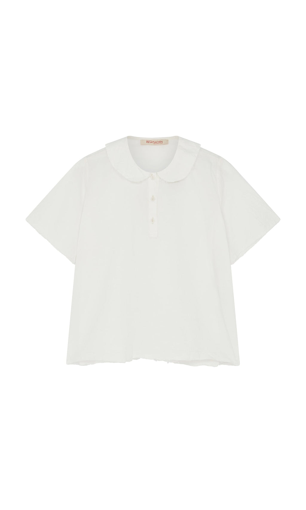 Plümo- Renville Shirt with white Peter Pan collar, short sleeves, and three buttons, shown laid flat on a white background.
