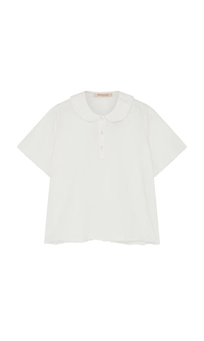 Plümo- Renville Shirt with white Peter Pan collar, short sleeves, and three buttons, shown laid flat on a white background.
