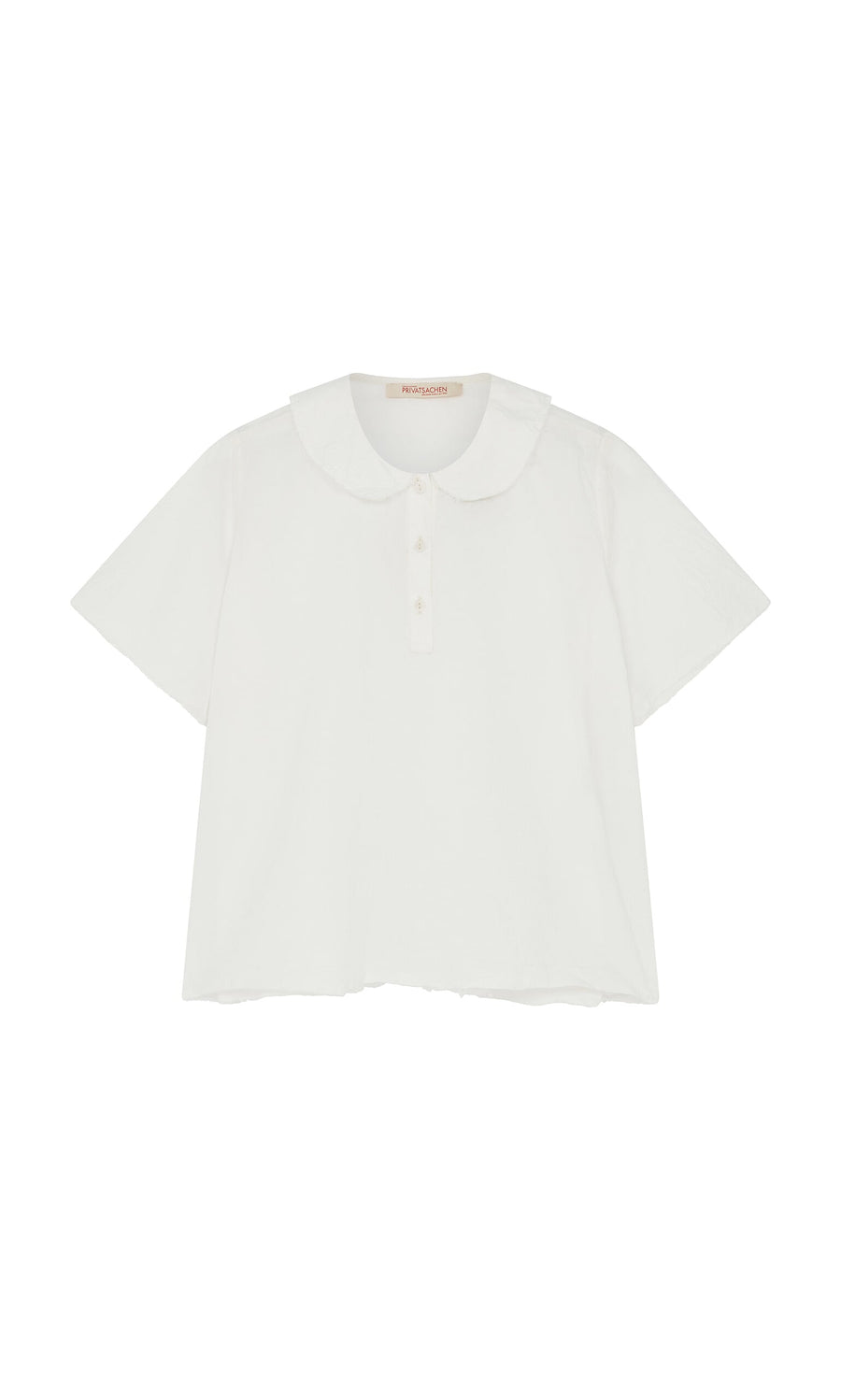 Plümo- Renville Shirt with white Peter Pan collar, short sleeves, and three buttons, shown laid flat on a white background.