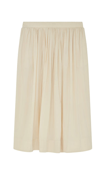 Plümo- Rika Wide Skirt: cream cotton, knee-length, elastic waist, slip pockets, gathered style on white background.