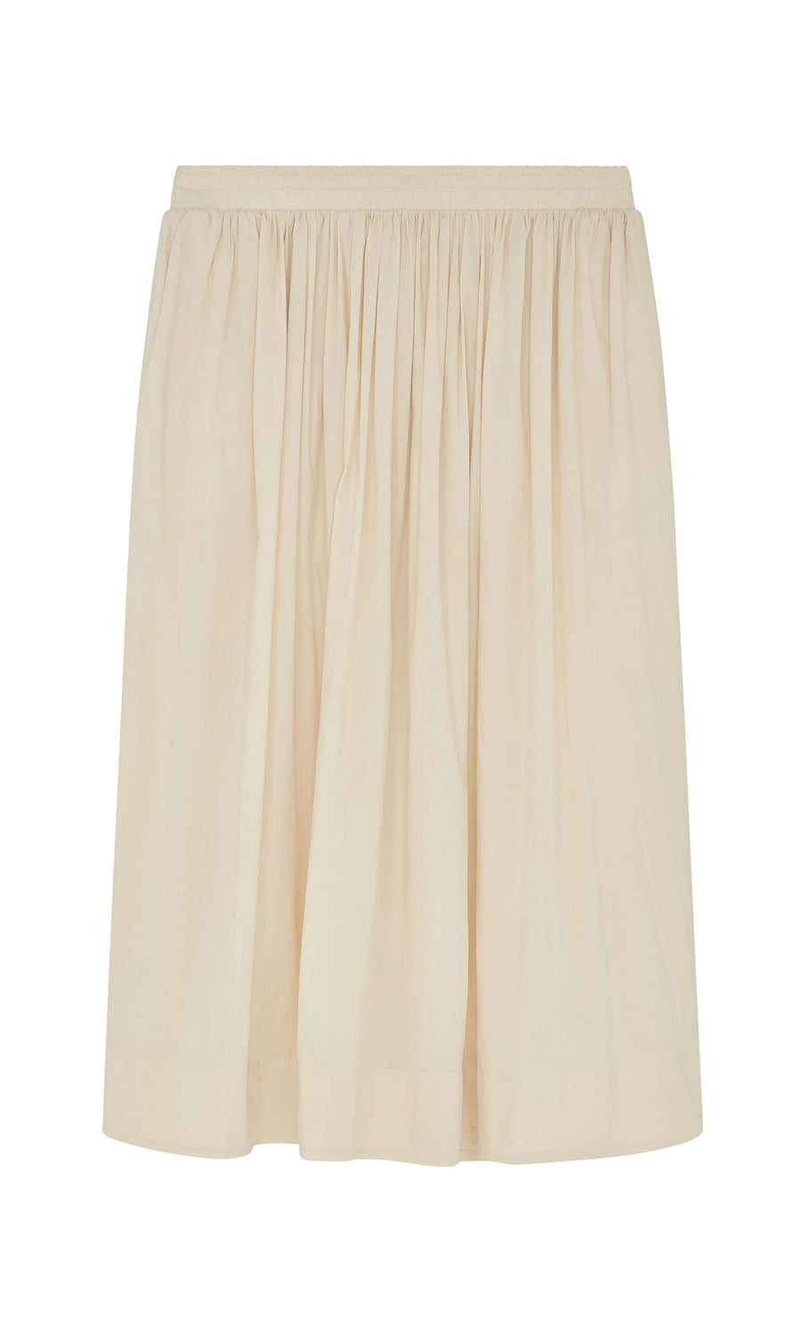 Plümo- Rika Wide Skirt: cream cotton, knee-length, elastic waist, slip pockets, gathered style on white background.