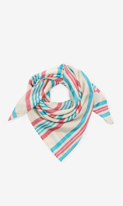 Plümo- Rimini Stripe Necktie, 50cm x 50cm, blue, red & beige stripes, loosely folded on a white background.